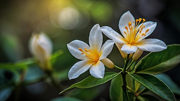 Voorjaarstijd close-up beeld van jasmijnbloem met zonnestralen op een wazige achtergrond