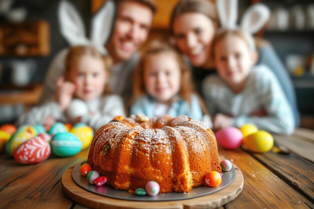 Foto voorjaarstraditie gezin met kinderen die zich verheugen over paaskoek en geschilderde eieren