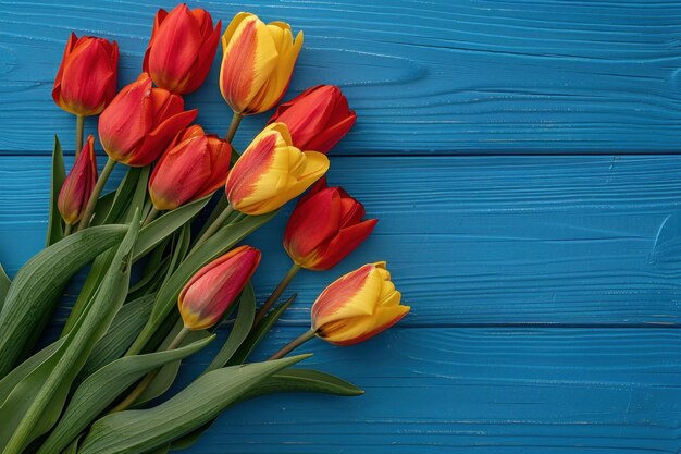 Voorjaarsvakantie achtergrond Kleurige tulpen op blauwe houten achtergrond Groetekaart ruimte voor tekst