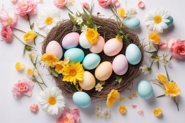 Voorjaarsvakantie bovenkant vlakke achtergrond met eieren in nesten en voorjaarsbloemen