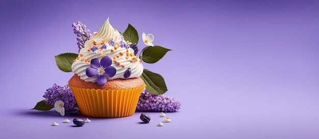 Voorjaarsvakantie cupcakes met bloemen en hagelslag op een paarse achtergrond Generatieve AI