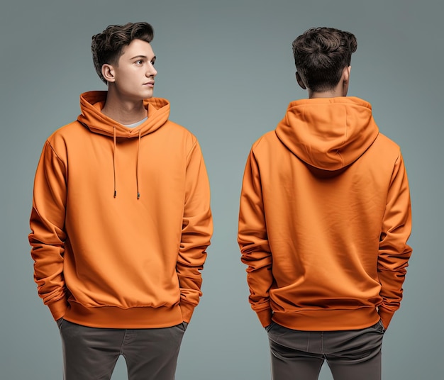 Voorkant en achterkant van een oranje hoodie mock-up voor ontwerp printen