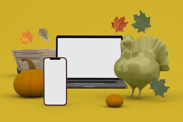 Voorkant laptop en telefoon op achtergrond met Thanksgiving-thema