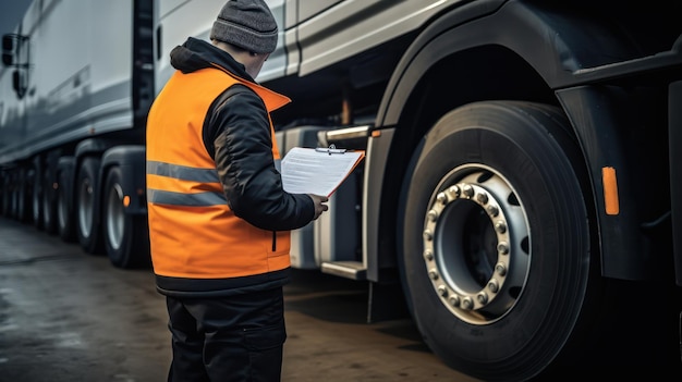 Voorman in uniform met veiligheidshelm met een laptop die containers controleert bij het laden