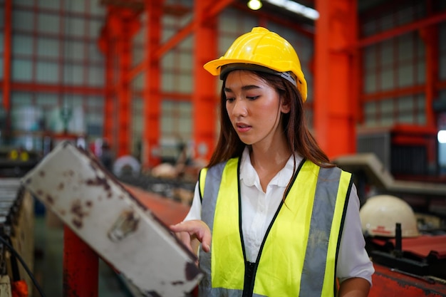 Voorman of arbeider werkt op fabriekslocatie Controleer machine of producten op locatie Ingenieur of technicus controleert materiaal of machine op fabrieksindustrie en fabriek