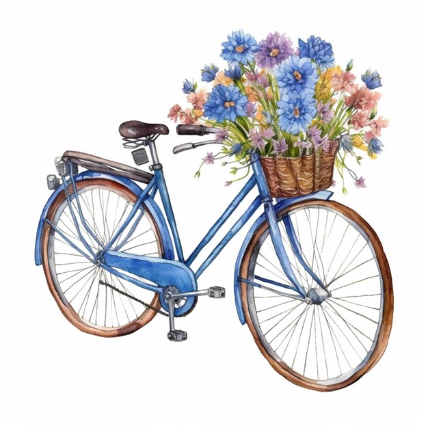 Voorop staat een blauwe fiets met een mand bloemen generatieve ai