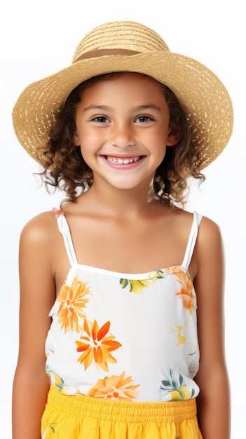 Voorraadbeeld van een jong meisje in een zomerkleding tegen een gewone witte achtergrond Generatieve AI