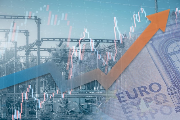 Voorraadgrafiek met stijgende pijl omhoog en wazige elektriciteitscentrale op de achtergrond energiecrisis in europa prijsstijging van elektriciteit voor huisverwarming en industrie