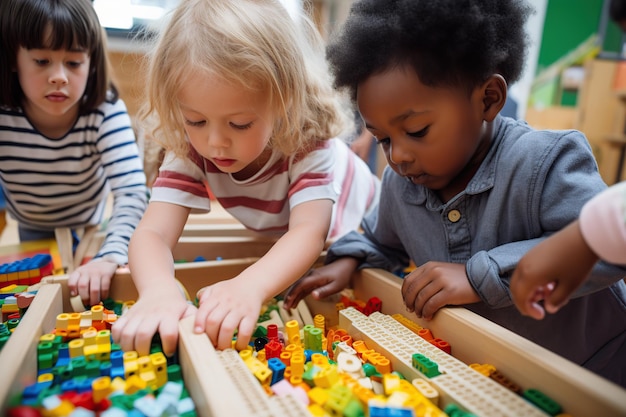 Voorschoolse multi-etnische kinderen genieten van leren op de kleuterschool Generatieve AI-illustratie