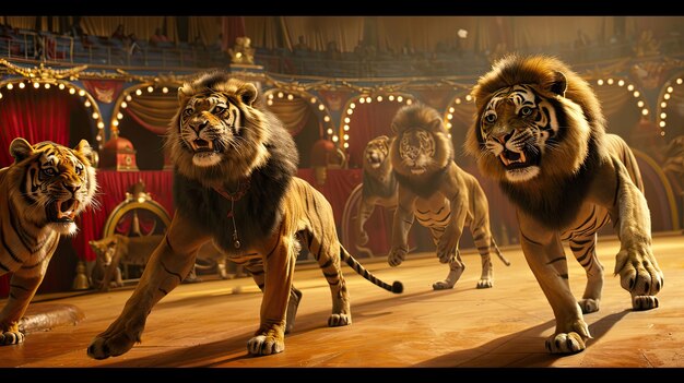 Foto voorstelling met tijgers en leeuwen die de kracht en trots tonen circus entertainment dieren in het circus grote katten en katten podium manen dieren in gevangenschap concept generatief door ai