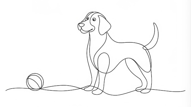 Voortdurende lijntekening van een hond die met een bal speelt