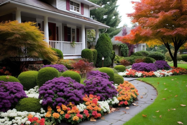 Voortuin met planten in de herfst Stijlvol huis ingericht voor herfstvakantie seizoen kleurrijke struiken op een voorgrond AI gegenereerde illustratie