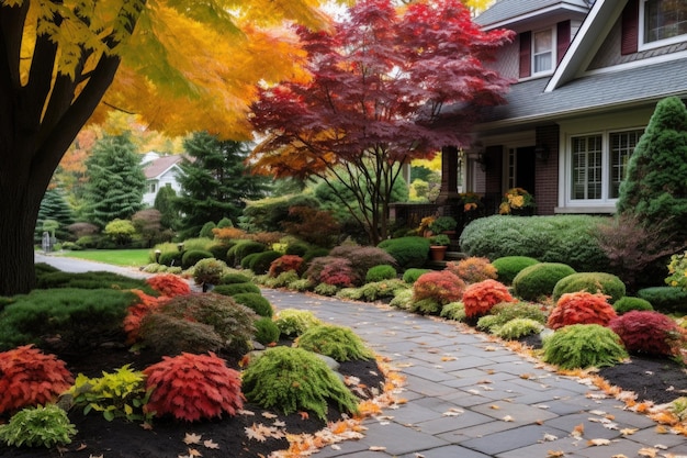 Voortuin met planten in de herfst Stijlvol huis ingericht voor herfstvakantie seizoen kleurrijke struiken op een voorgrond AI gegenereerde illustratie