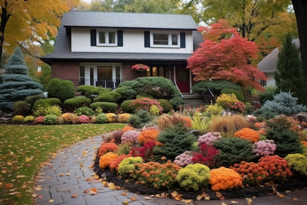 Voortuin met planten in de herfst Stijlvol huis ingericht voor herfstvakantie seizoen kleurrijke struiken op een voorgrond AI gegenereerde illustratie