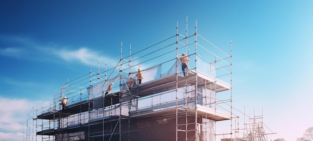 Vooruitgang van de bouw Bouw tegen de blauwe lucht