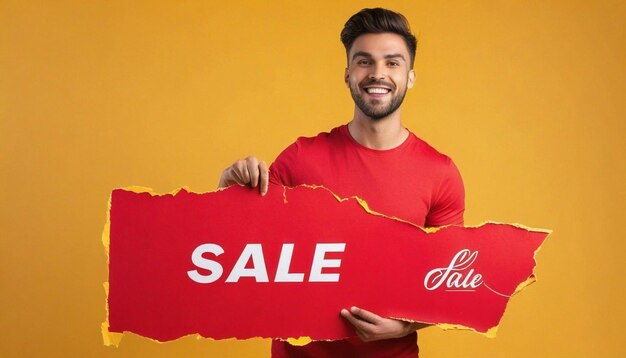 Foto vooruitzicht jonge mannetje met rood verkoopschrift op de gele gescheurde achtergrond