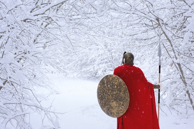 Voorzichtig Spartan in koud besneeuwd bos