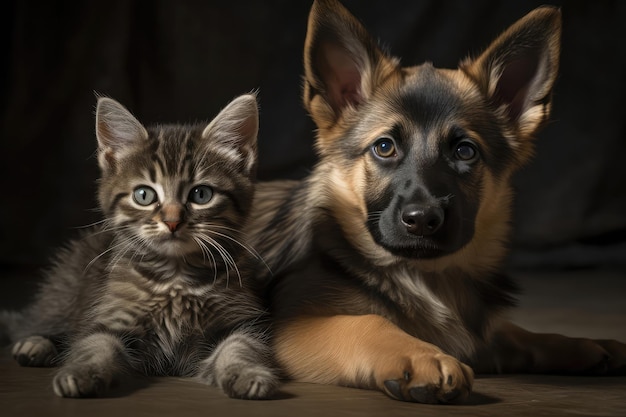 Voorzichtige puppy en nieuwsgierige kitten rusten comfortabel Generatieve AI