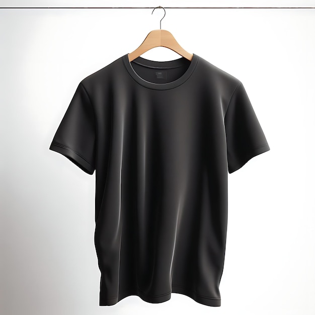 Foto voorzijde lege zwarte t-shirt met hanger sjabloon shirt mockup concept met gewone kleding ai gegenereerd