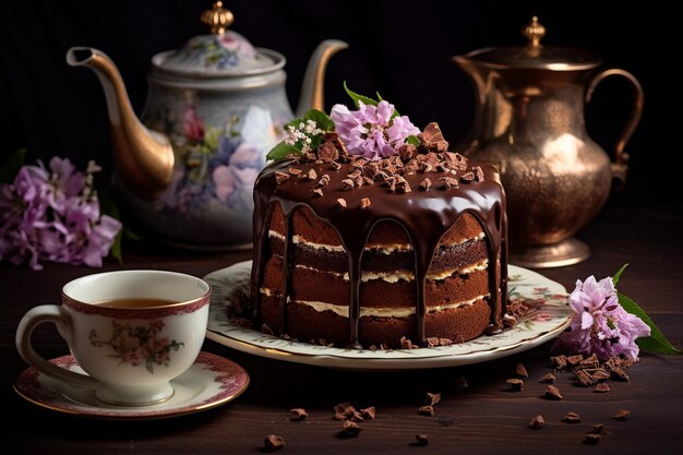 Voorzijde van de taart met chocoladetopping en ketel
