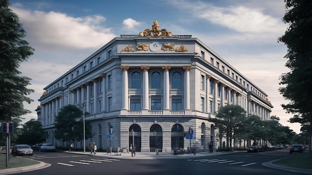 Voorzijde van een commercieel gebouw in klassieke stijl 3D-weergave met grijze en witte kleur