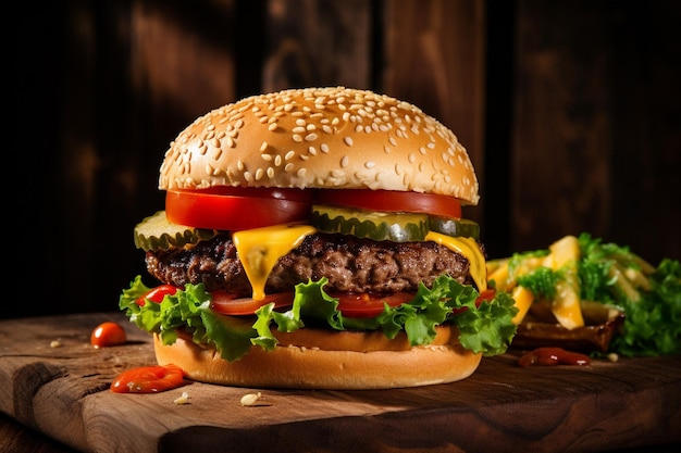 Voorzijde van een kaasvleesburger met augurken, groenten en tomaten op het houten bureau