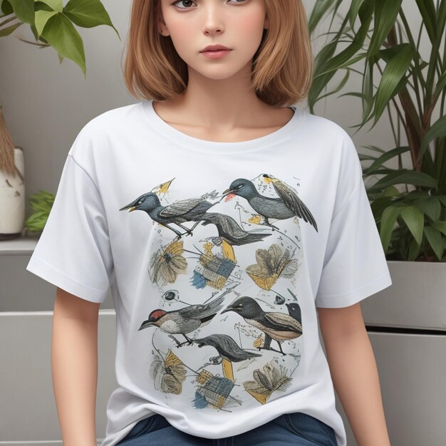 Voorzijde van t-shirt met vogelbeeldpatroon