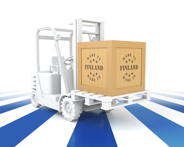 Vorkheftruck met vlag van Finland in kleur. Gemaakt in Finland. 3D-rendering