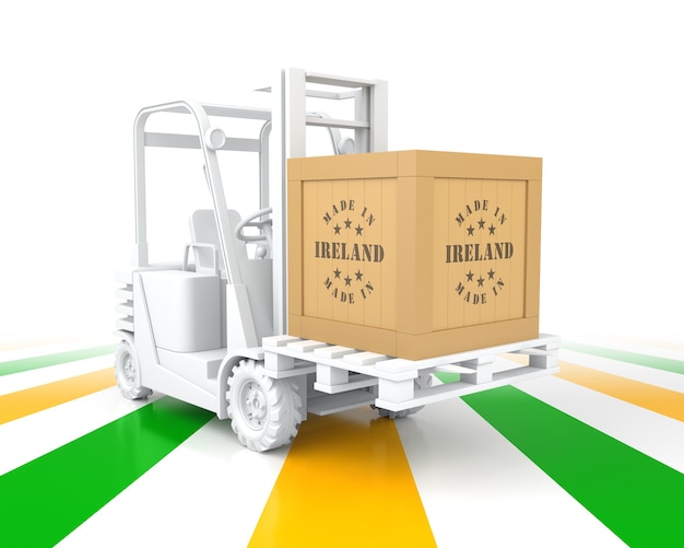 Vorkheftruck met vlag van Ierland in kleur. Gemaakt in Ierland. 3D-rendering