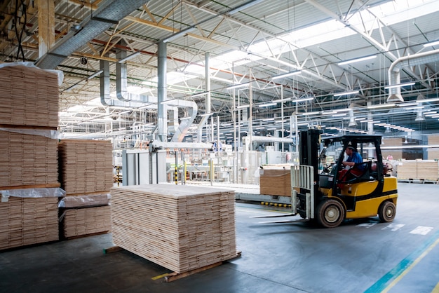 Vorkheftrucklader in het scheepswerf van het opslagpakhuis. Distributieproducten.