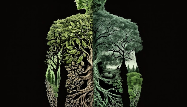 Vorm van het menselijk lichaam gemaakt van een wereld van groene omgeving, bos, boomplanten, dieren in het wild Generatieve Ai
