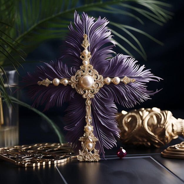 Vorstelijke fluwelen heilig kruis en parel versierde palmbladeren Deco Cross Palmzondag foto christelijke kunst