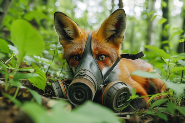Foto vos in een gasmasker te midden van bomen met afbeeldingen van vervuiling, klimaatproblemen en natuurbescherming