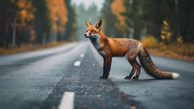 Foto vos staat op de weg bij het bos. de weg bedreigt de dieren in het wild en het vervoer.