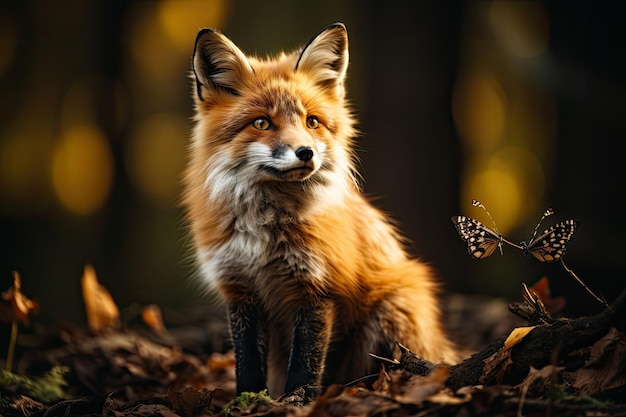 vos zit in het bos met een vlinder