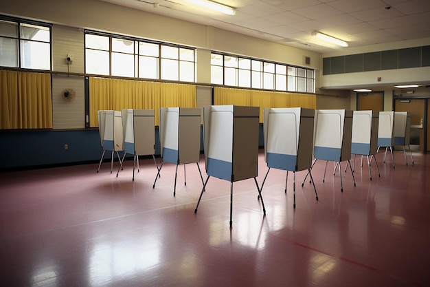 Photo voting booths arranged in an empty room