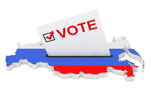 Voting in Russia Concept. Voting Card Half Inserted in Ballot Box in Shape of Russian Map with Flag on a white background. 3d Rendering