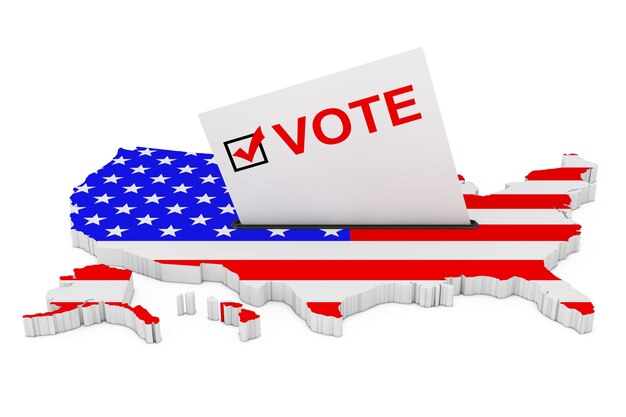 voting in usa concept. voting card half inserted in ballot box in shape of usa map with flag on a white background. 3d rendering