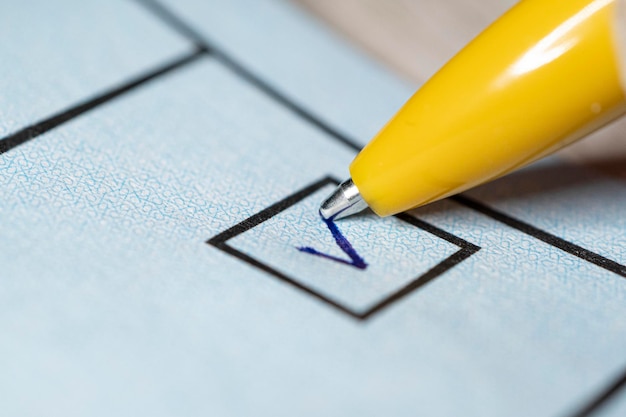 Photo voting yes or no checkbox with fountain pen yes marked with v