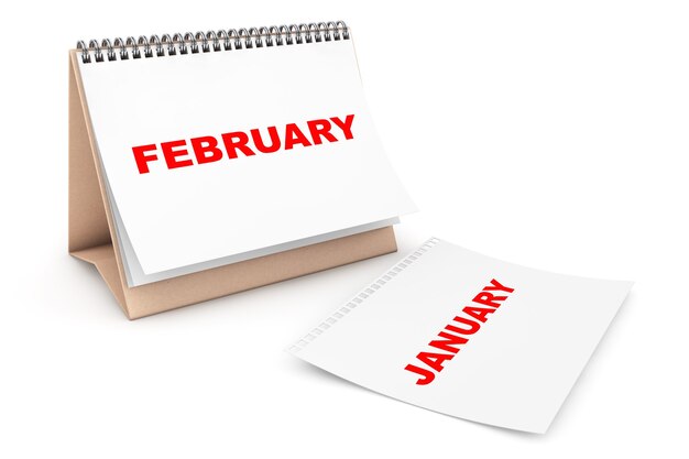 Vouwkalender met de maandpagina van februari op een witte achtergrond
