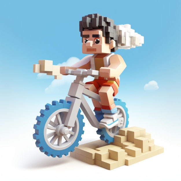 Photo voxel art character riding bike mesopotamianinspired 3d pixel cartoon