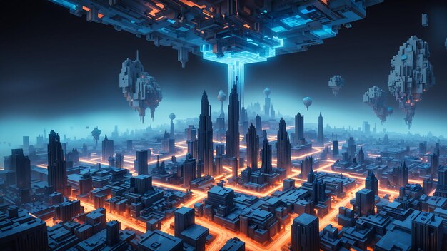 Voxel Based Metropolis Levitating Over A Detailed Representation Of Earths Surface