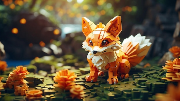 Voxel cute fox animal made of 3d cubes illustration for video game pixel art Minecraft style