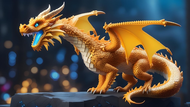 Voxel cute pixel art gold dragon from small in full height cubes Minecraft game style 3d style