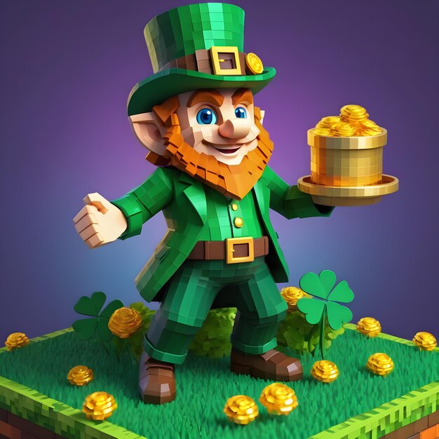 Voxel leprechaun 3d clipart full height on white background st Patricks day Minecraft style