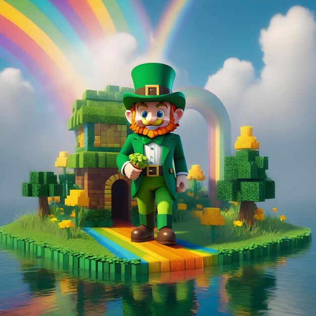 Voxel leprechaun 3d clipart в полной высоте на белом фоне в стиле Minecraft