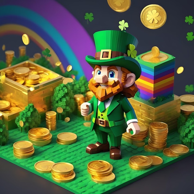 Voxel leprechaun 3d clipart full height on white background st Patricks day Minecraft style