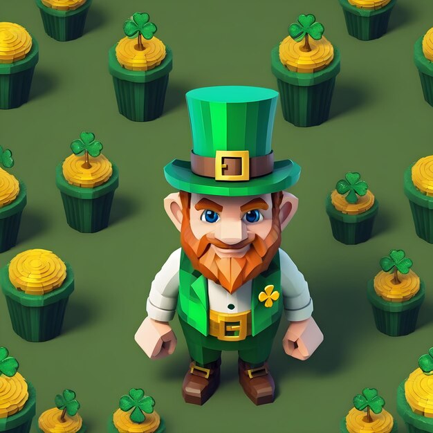 색 배경에 Voxel Leprechaun 3D 클리파트 전체 높이 St. Patrick's Day Minecraft 스타일