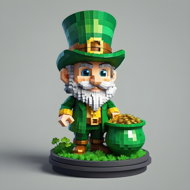 Voxel leprechaun 3d clipart full height on white background st Patricks day Minecraft style