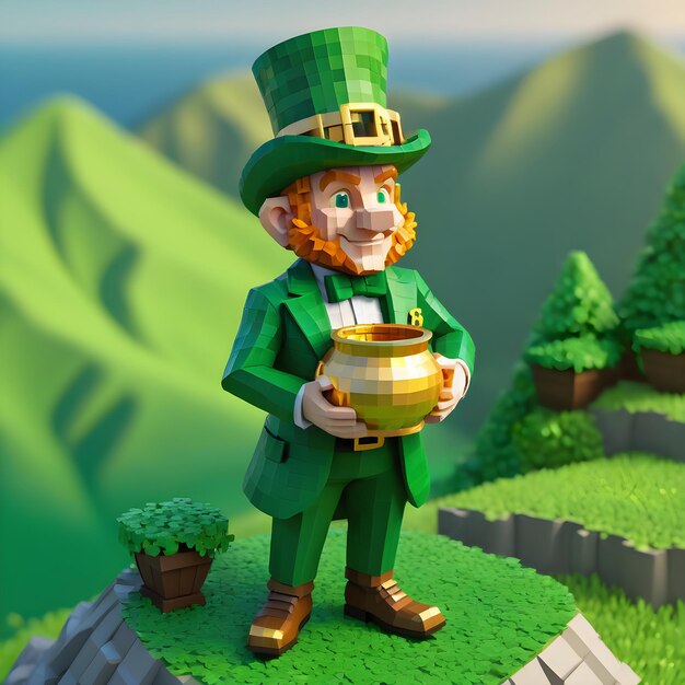 Voxel leprechaun 3d clipart full height on white background st Patricks day Minecraft style